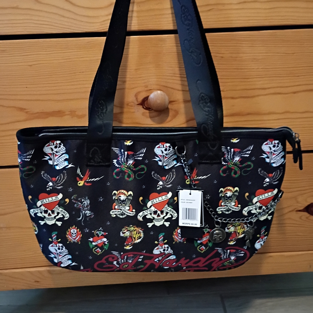 Ed Hardy Black Multicolor Tote Bag